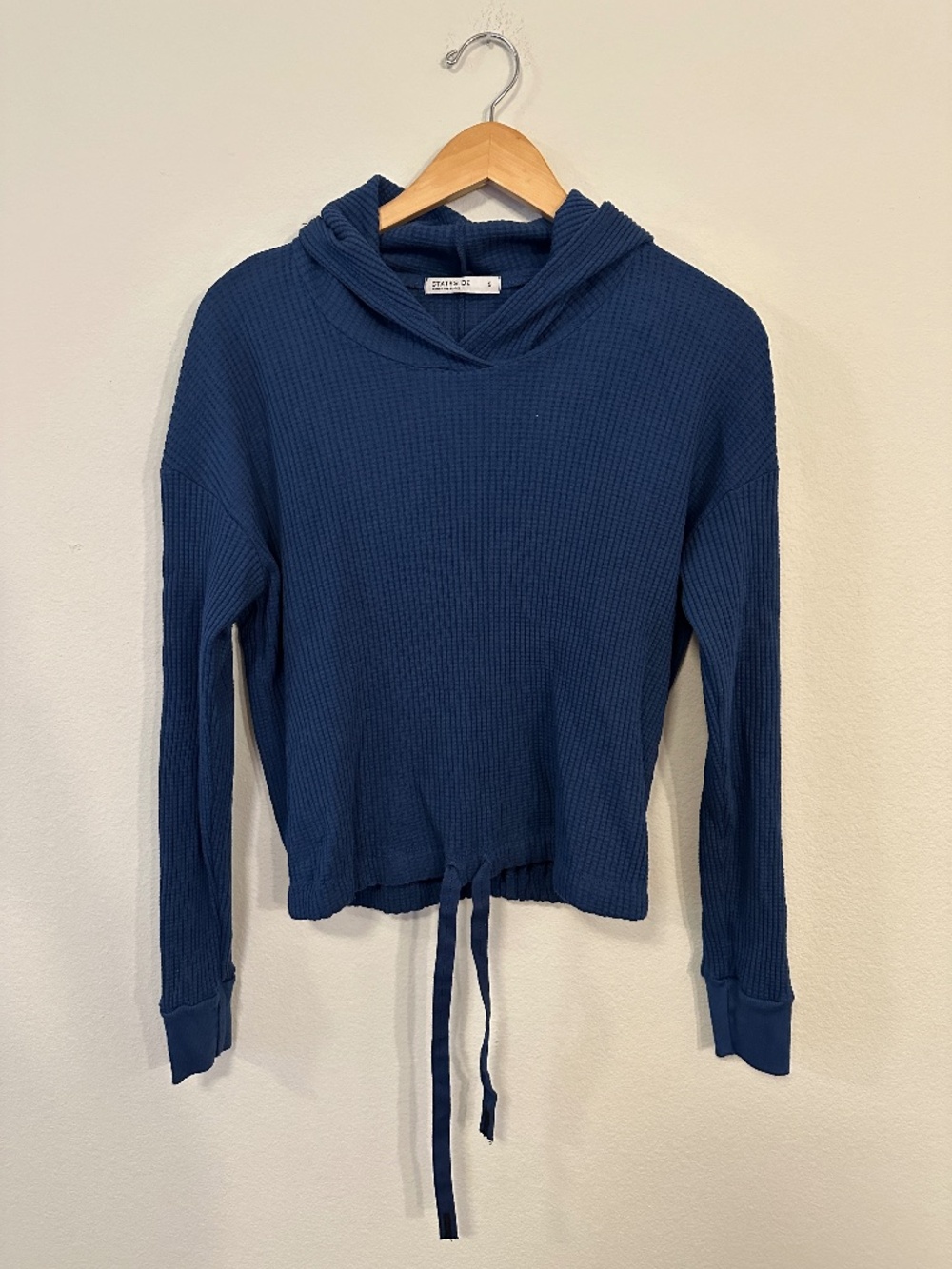 Stateside Navy Waffle Knit Cowl Neck Drawstring Hoodie Women's S